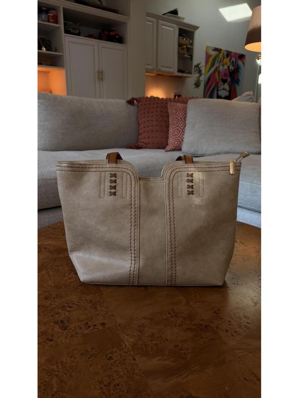 Beige Suede Tote Bag with Brown Handles